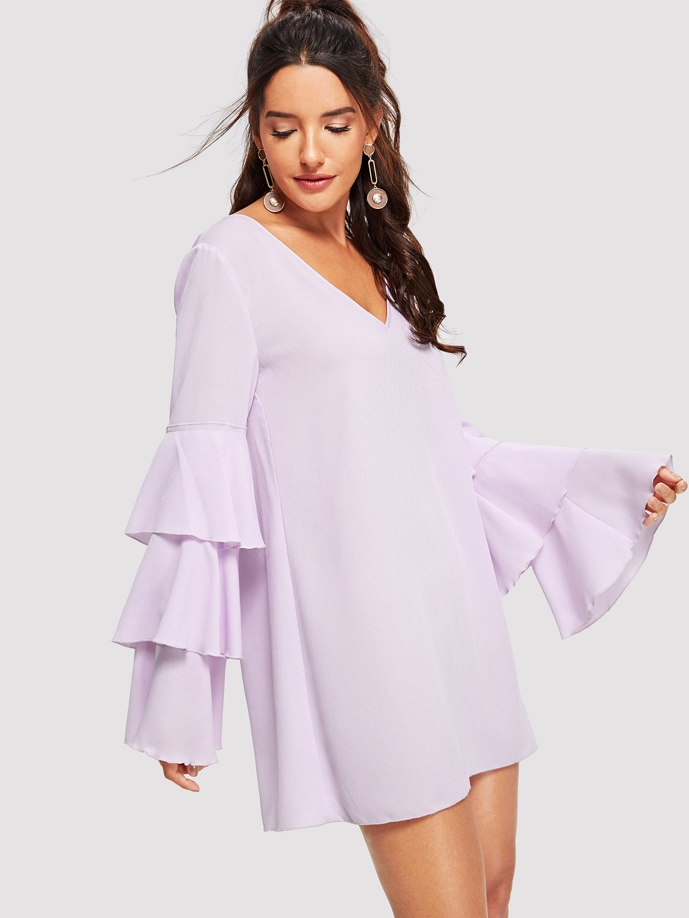 Layered Petal Sleeve V-Neck Dress